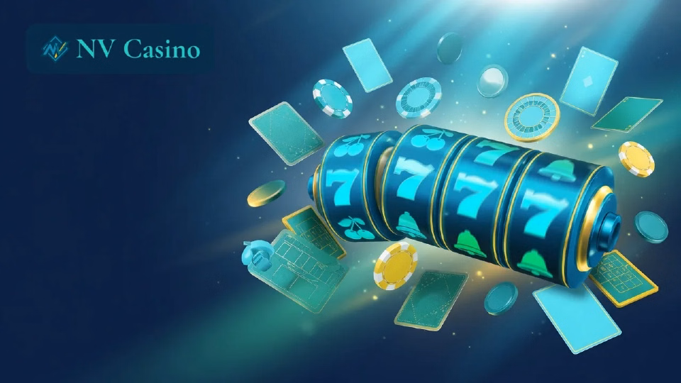 Illustration: Slot-Walzen und Spielkacheln in den Farben von NV Casino