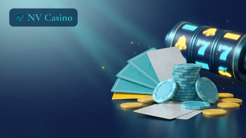 Illustration: Casino-Chips, Karten und Slot in den Farben von NV Casino
