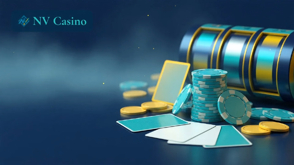 Illustration: Casino-Chips, Karten und Slot in den Farben von NV Casino