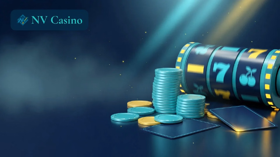 Illustration: Casino-Chips, Karten und Slot in den Farben von NV Casino