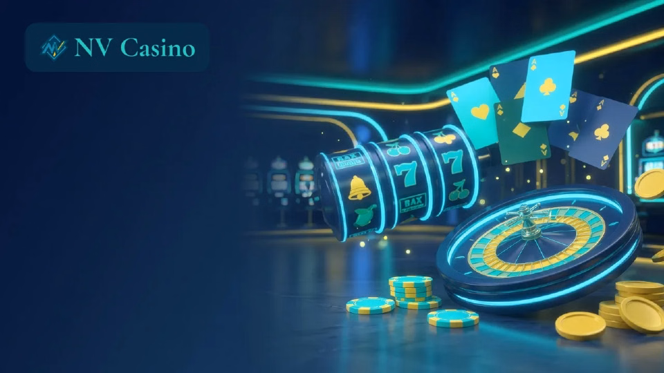 Illustration: Casino-Lobby mit Slots und Roulette in den Farben von NV Casino